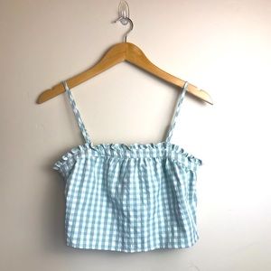 Women’s Crop Square- Neck Tank in White and Green Plaid.